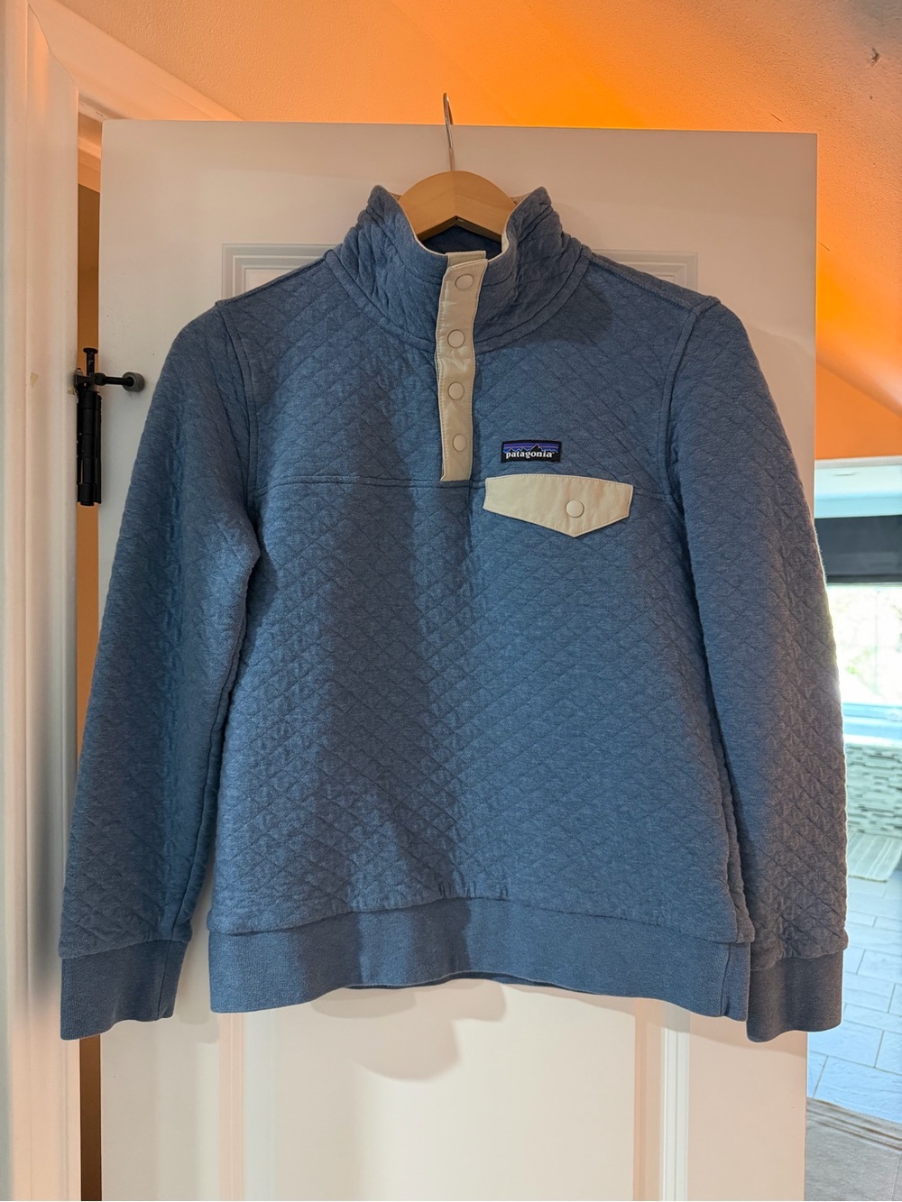 Patagonia Women’s Quilted Zip-Up Pullover in Slate Blue with Cream Accents
